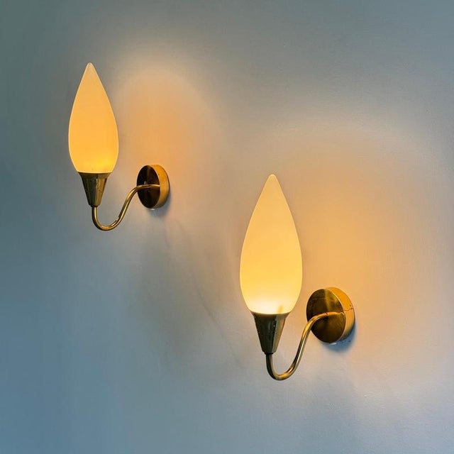 Brass Wall Lamps with Opaline Glass by Paavo Tynell, 1940s, Set of 2 For Sale - Image 4 of 18