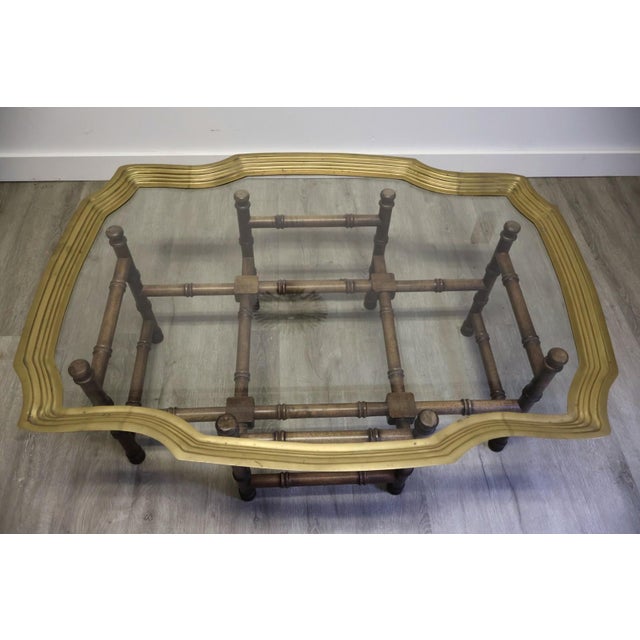 Hollywood Regency Faux Bamboo Brass & Glass Coffee Table For Sale - Image 4 of 6