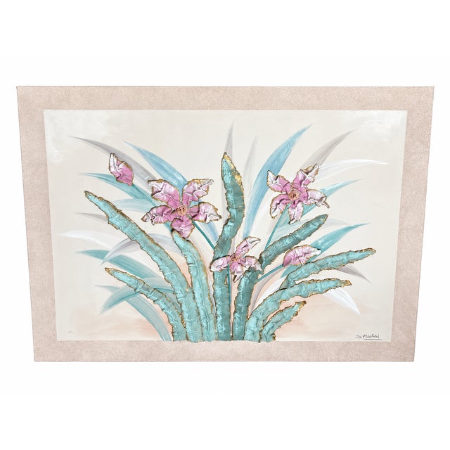 Contemporary Oversized Sculptural Floral Painting in Turquoise, Pink & Gold, Signed S. McGrow 50 × 40 Inches For Sale - Image 3 of 8
