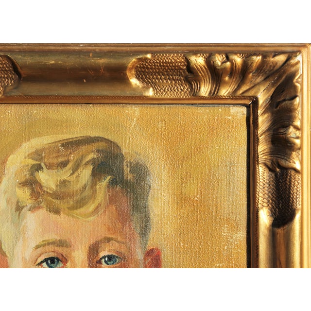 Gray Hans Christian Barenholdt Figurative Yellow and Blue-Toned Realistic Impressionist Portrait of a Boy, 1940s For Sale - Image 8 of 10