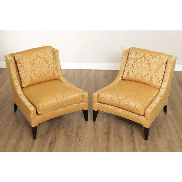 High Quality Pair of Custom Damask Upholstered Slipper Lounge Chairs With Solid Wood Distressed Black Painted Legs