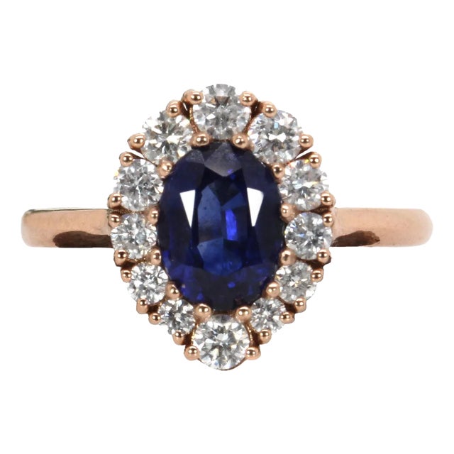 1.75ct Ceylon Sapphire Ring With Natural Diamond Halo in 14k Solid Gold, Size 6.75 For Sale