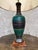 1960s Vintage Mid Century Ceramic Table Lamp Teal Green Banded Burlap Shade For Sale - Image 5 of 10