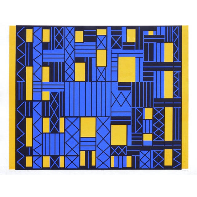 Wonderful geometric abstract screen print abstract in black, blue and yellow by Margo Hoff (American, 1912-2008), circa...