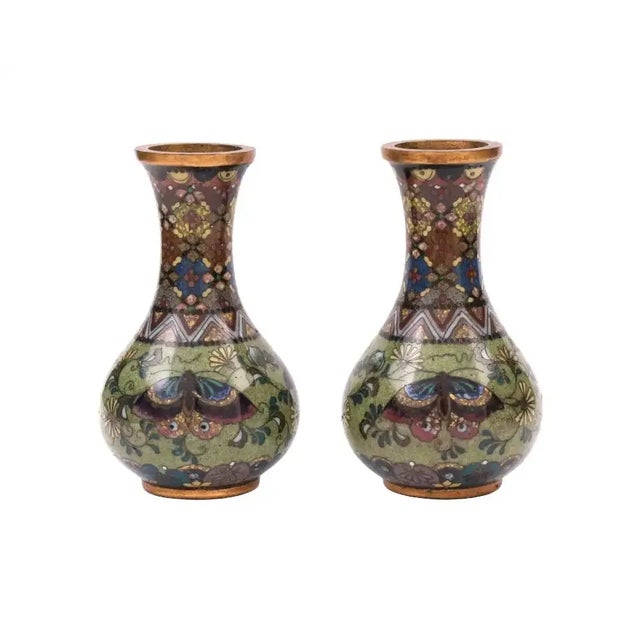Paint Pair of Early 1900s Japanese Cloisonne Enamel Butterfly Vases Attributed to to Namikawa For Sale - Image 7 of 7