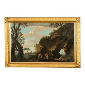 Italian 17th Century Baroque Oil on Canvas Painting Coastal Landscape Fishermen, Attributed to Salvator Rosa