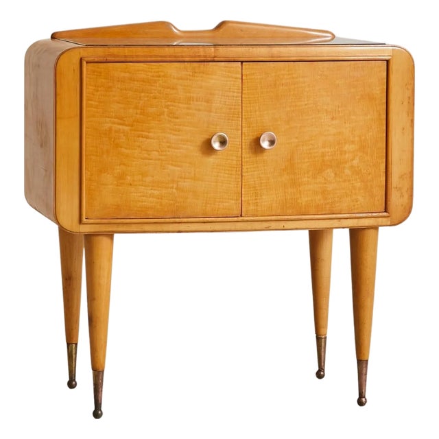 Italian Curved Wood Nightstand with Inset Glass Top, 1950s - 2 Available For Sale