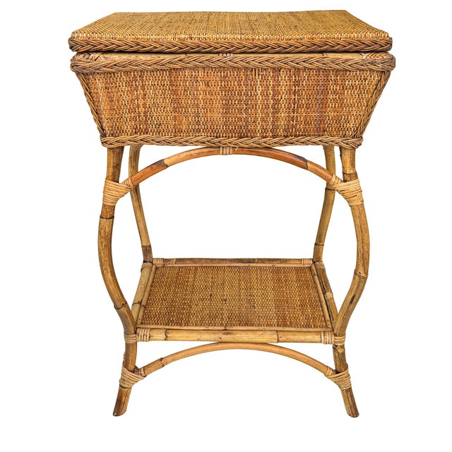 Brown Vintage Bamboo and Rattan Sewing Basket Side Table With Lid - Organic Modern For Sale - Image 8 of 12