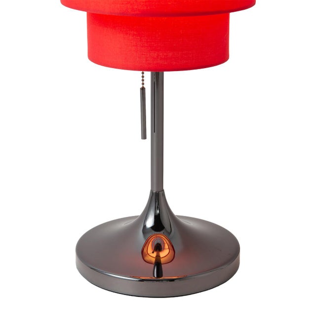 Metal Lollipop Table Lamp - Black Nickel, Crimson Red Linen Double Shade, on/Off Pull Chain For Sale - Image 7 of 15