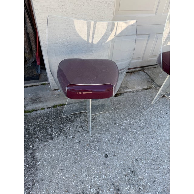 Plastic Vintage Hollywood Regency Sculptural Lucite Swivel Dining Chairs With Burgundy Seats – Set of 4 For Sale - Image 7 of 12