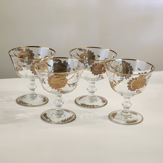 Czechoslovakia 1960s 24k Gold Encrusted Crystal Sherbet Champagne Coupe Glasses Barware Set - Set of 4 For Sale - Image 4 of 12