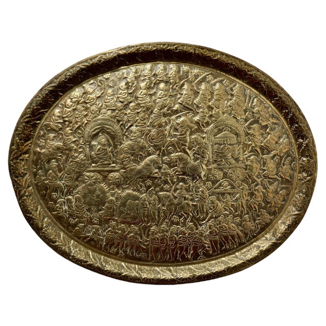 Large Oval Asian Brass Wall Hanging Marriage Charger, 1850s For Sale