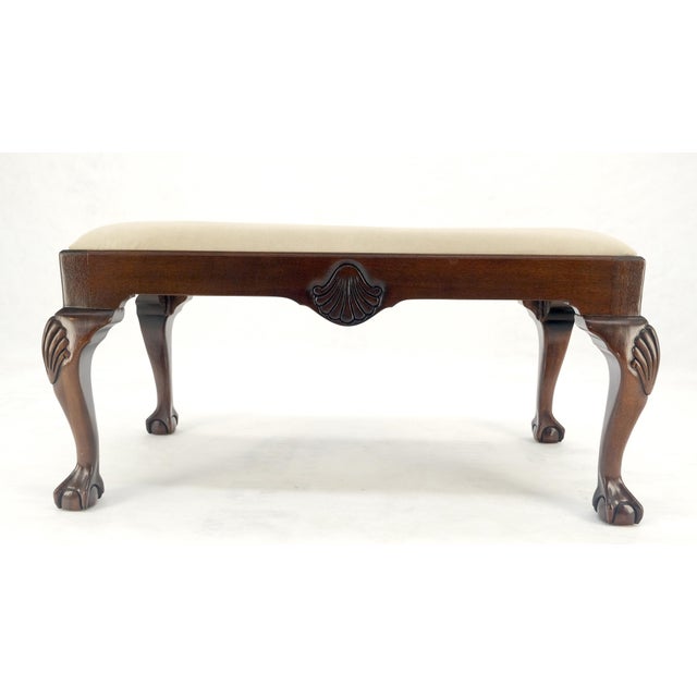 Wood Carved Mahogany Ball & Claw Chippendale Feet Ultra Suede Upholstery Bench MINT For Sale - Image 7 of 8