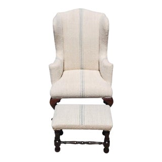 Early 20thc Child's Wing-Back Chair and Ottoman With 19thc Linen Upholstery For Sale