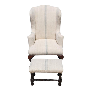 Early 20thc Child's Wing-Back Chair and Ottoman With 19thc Linen Upholstery