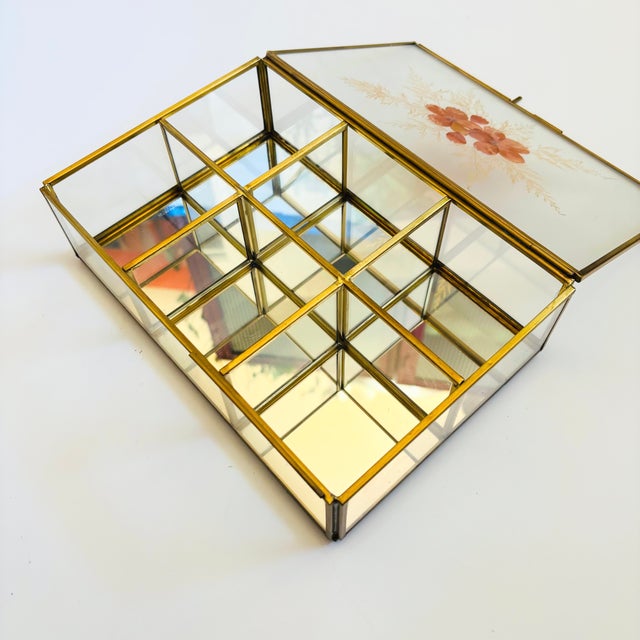 Metal Vintage Brass and Glass Divided Box With Dried Flowers - Jewelry Box or Organizer For Sale - Image 7 of 12