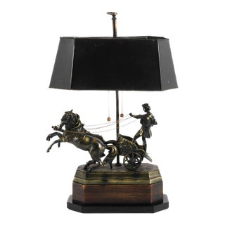 Neoclassical Cast Metal Horse and Chariot Figural Desk Lamp With Black Metal Shade For Sale
