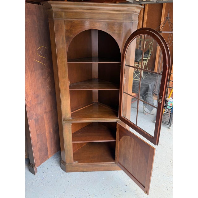 Vintage Walnut Corner Cupboards With Arched Bubble Glass & Reversible Plate-Groove Shelves For Sale - Image 4 of 11