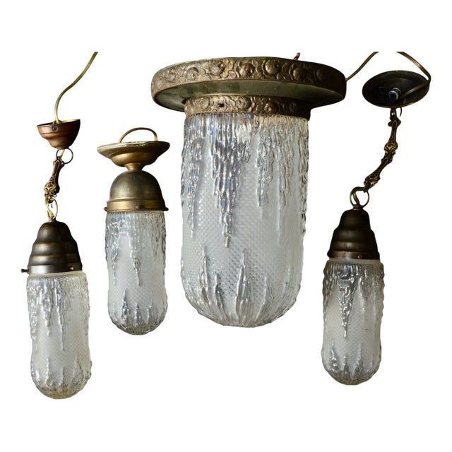 Art Deco Molded Glass and Brass Ceiling Lights, 1930s, Set of 4 For Sale