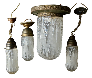 Art Deco Molded Glass and Brass Ceiling Lights, 1930s, Set of 4