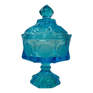 Vintage Fostoria Blue Glass Pedestal Candy Dish With Lid – Coin Pattern For Sale