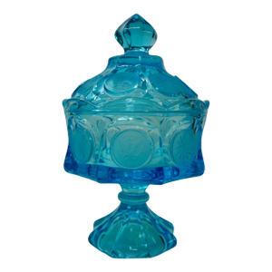 Vintage Fostoria Blue Glass Pedestal Candy Dish With Lid – Coin Pattern