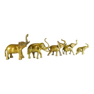 Vintage Solid Brass Trunk Up Lucky Elephant Figurines - Set of 5 For Sale