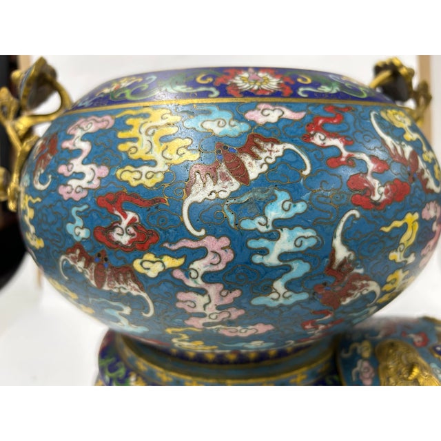 Vintage Enamel Metal Bats Ru Yi Fortune Ding Shape Incense Burner Display Art For Sale - Image 9 of 9