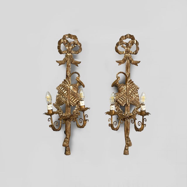 French Louis XVI Wall Lamps in Gilded Wood, 1800s, Set of 2 For Sale - Image 4 of 12