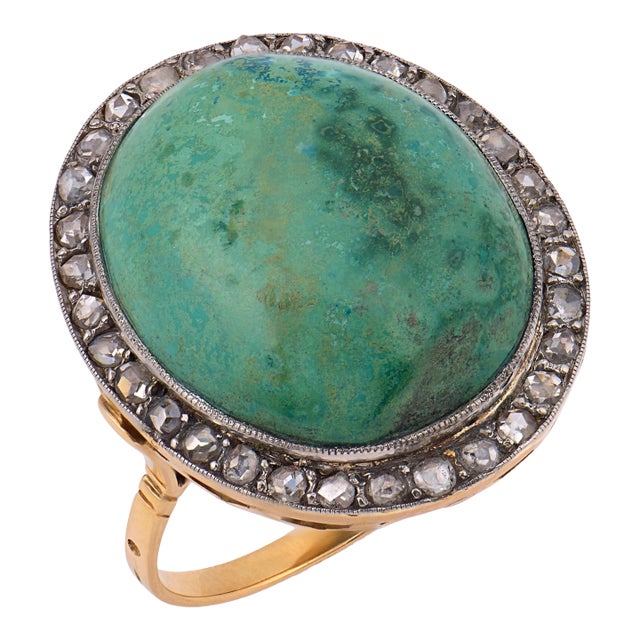 Vintage Turquoise Diamond 18k Two Tone Cocktail Ring, Size 5.5 For Sale