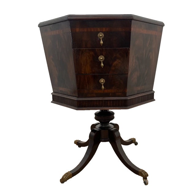 Gorgeous Antique Victorian Lamp Table with Three Drawers, Banded Mahogany, Inkay Leather Top, Octagon Shape, Caster...