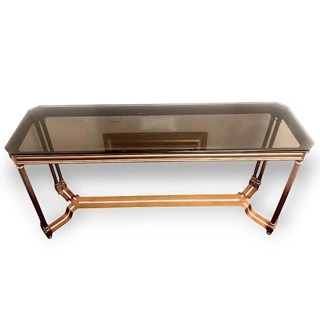 Hollywood Regency Hollywood Regency Gilded Metal Console Table With Smoked Glass Octo Cut Top For Sale - Image 3 of 7