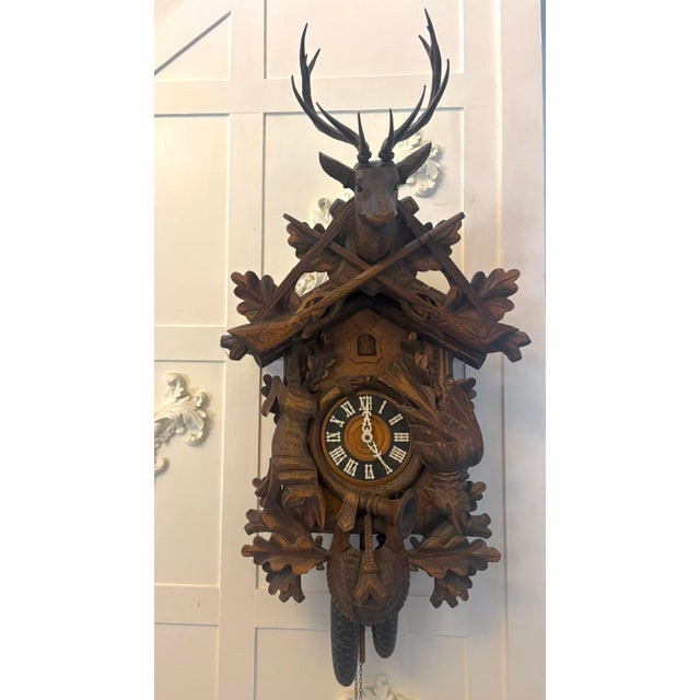 Brown Antique Black Forest Carved Walnut Cuckoo Clock, 1900 For Sale - Image 8 of 13