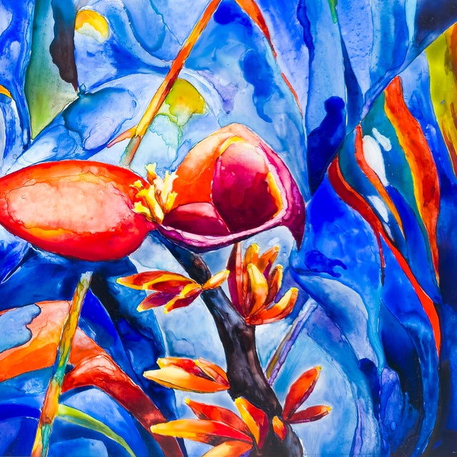 Scarlet Bloom, Tropical Cobalt - Tomoko Parry, C. 1990s For Sale In San Diego - Image 6 of 10