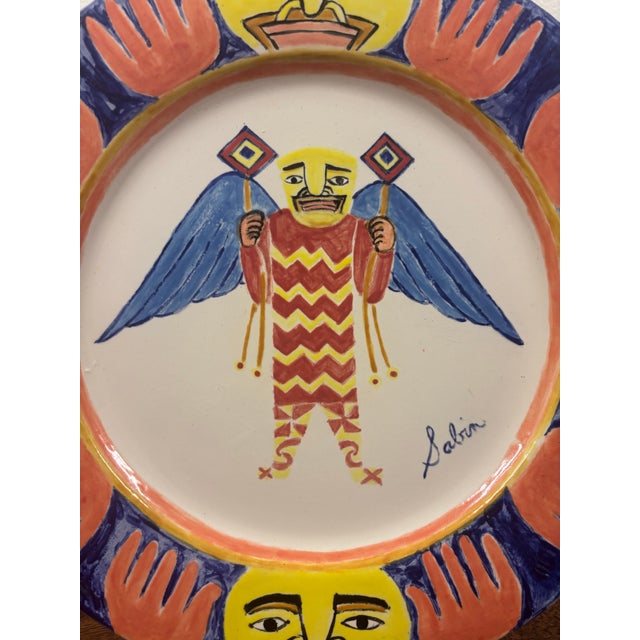 Postmodern Mark Sabin Signed Winged Figure Hand-Painted Ceramic Plate For Sale - Image 3 of 7