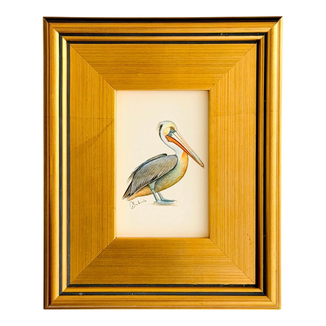 Original Hand-Painted Pelican Painting, Framed For Sale