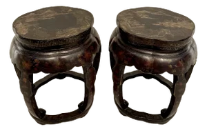Pair of Asian Chinese Hand-Painted Lacquered Cinquefoil Stools