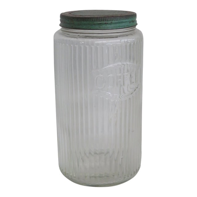 Hoosier Sellers Coffee Canister 1920s Clear Ribbed Glass Jar With Lid 4481b For Sale