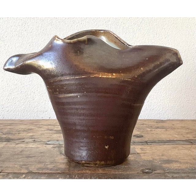 Coffee Vintage Original Studio Pottery Fold Vase For Sale - Image 8 of 12