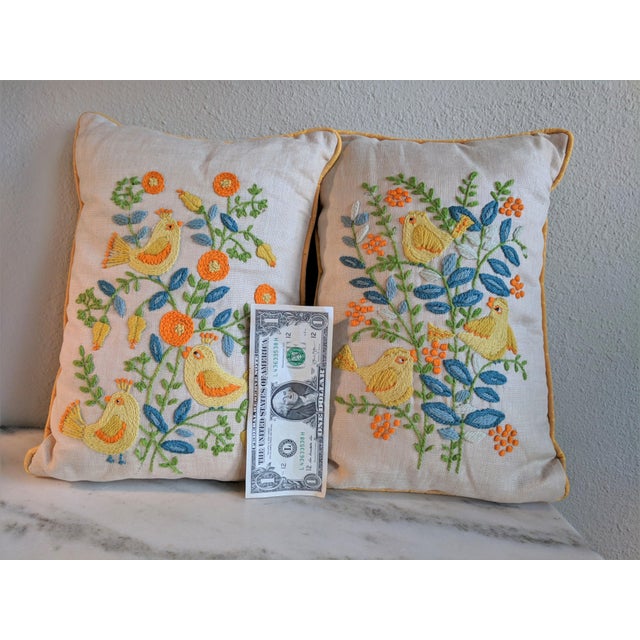 Vintage Embroidered Crewel Bird Throw Pillows A Pair Chairish