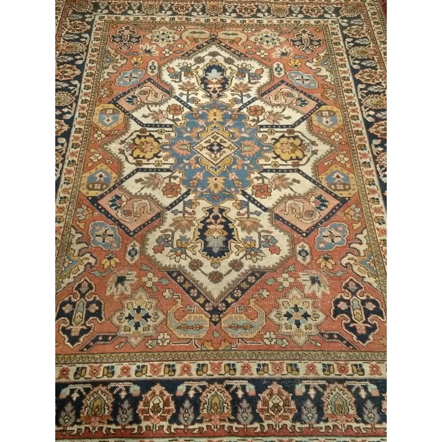 Vintage Persian Tabriz Area Rug, Handwoven Heriz Serapi Geometric Pattern, Ivory & Red, 5’ X 6’ For Sale - Image 9 of 11
