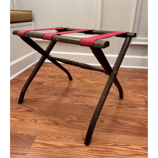 American Mid Century Adirondack Style Red Canvas Strap Wooden Collapsible Luggage Rack For Sale - Image 3 of 10