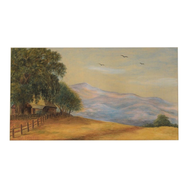 Countryside Barn at Dusk Below Mt. Tamalpais - Original Oil Pastel on Paper by Grace Anna Pfister For Sale