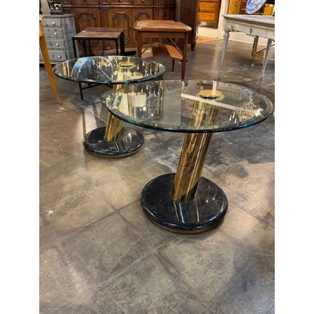 Modern Pair of Modern Brass and Black Lacquered Tables With Glass Tops For Sale - Image 3 of 6
