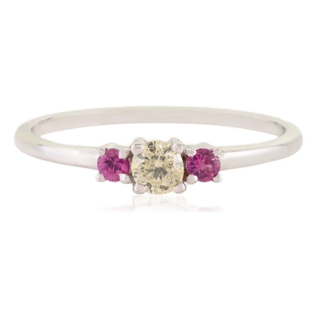 Diamond and Ruby Three-Stone Ring in 14k Gold Everyday Fine Jewelry Size 4 For Sale