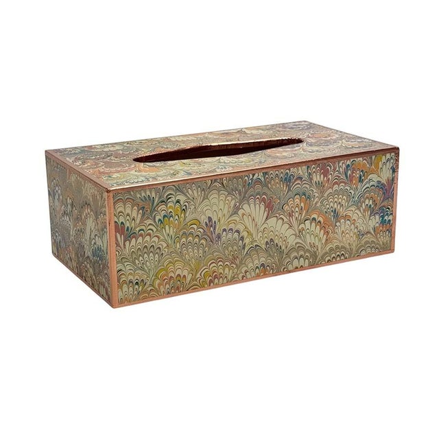 Marble paper, one of a kind, copper, wood and sealed, each box hand made to cover those not so pretty cardboard tissue...