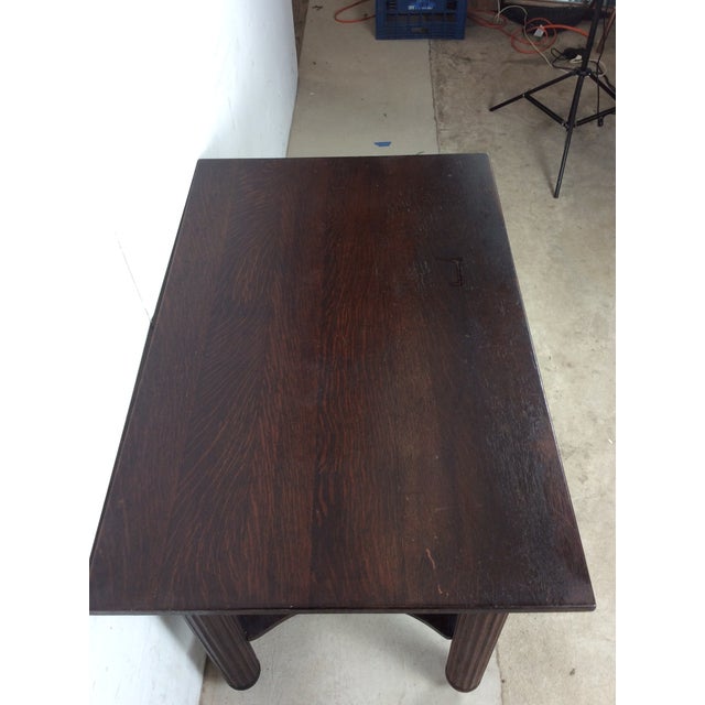 Wood Antique Oak Writing Table With Drawer and Turned Wood Legs on Wheels For Sale - Image 7 of 10