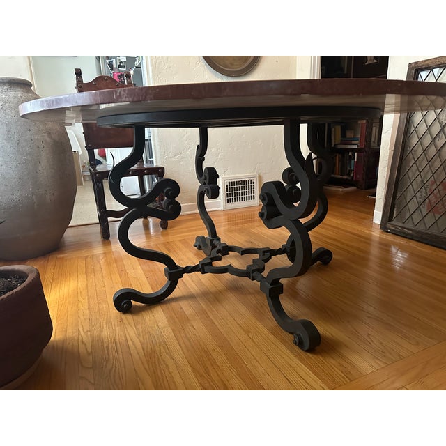 Mediterranean Inlaid Mosaic Marble Italian Table With Wrought Iron Base For Sale - Image 3 of 12
