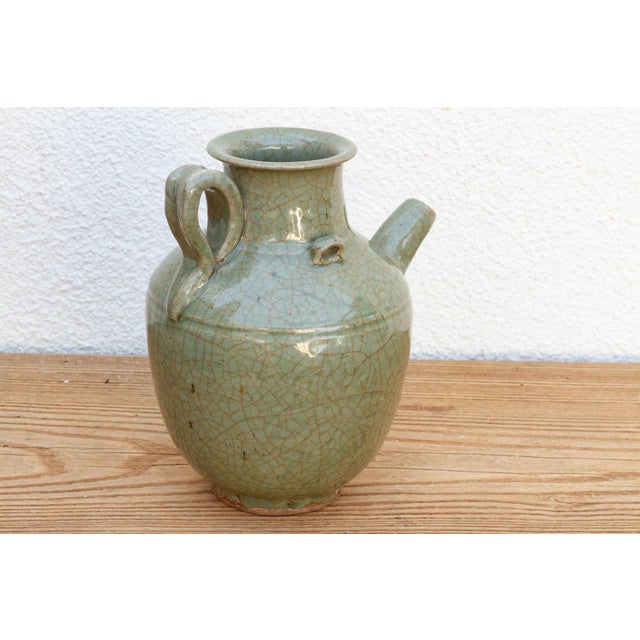 Chinese Vintage Crackle Green Pottery Jug For Sale - Image 3 of 8