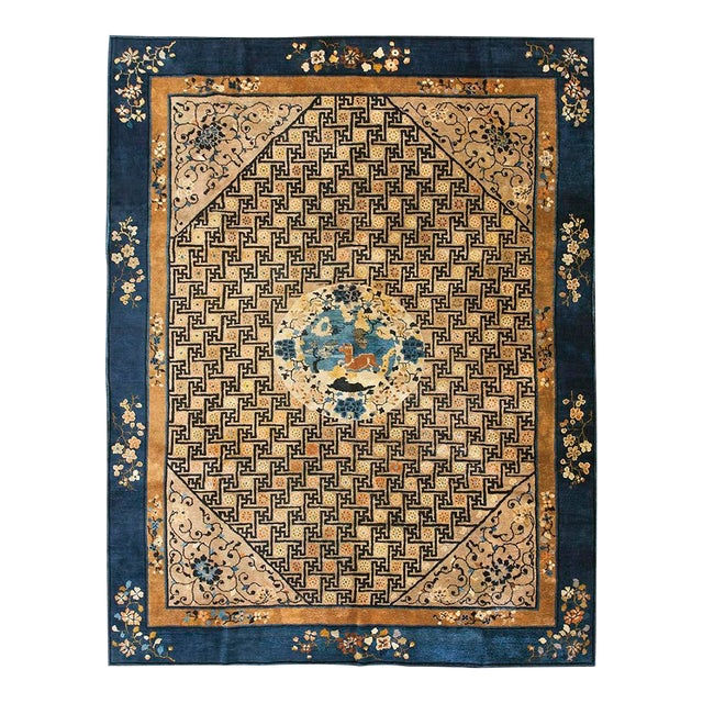 1900s Camel Classic Swastika Medallion Antique Chinese Peking Hand-Knotted Rug For Sale